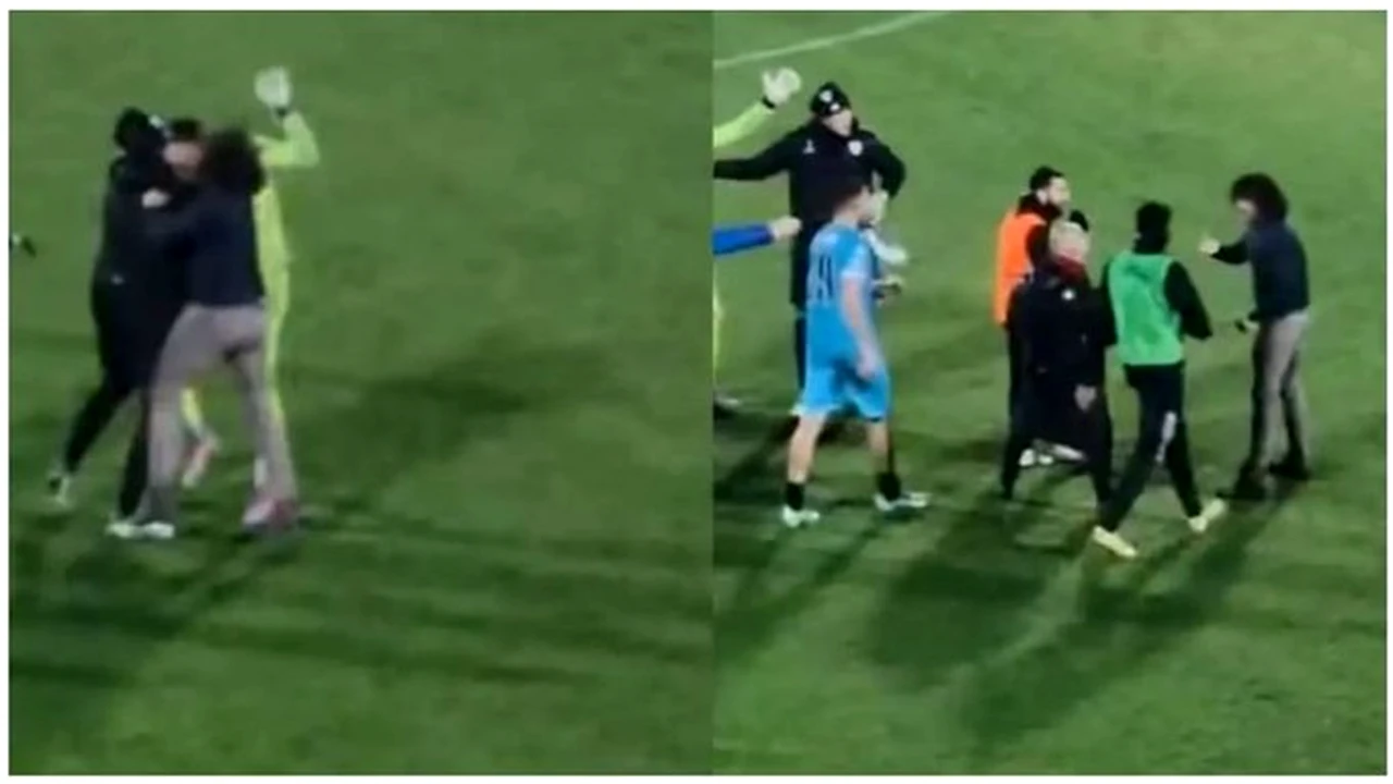 Imagini incredibile de la un meci de fotbal. Tatăl unui jucător a intrat pe teren și l-a lovit pe rivalul care i-a accidentat fiul