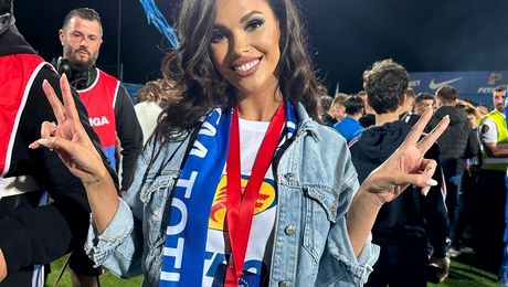 Andreea Bododel, în extaz. Cum a fost surprinsă superba prezentatoare după ce Farul a marcat golul care i-a asigurat titlul